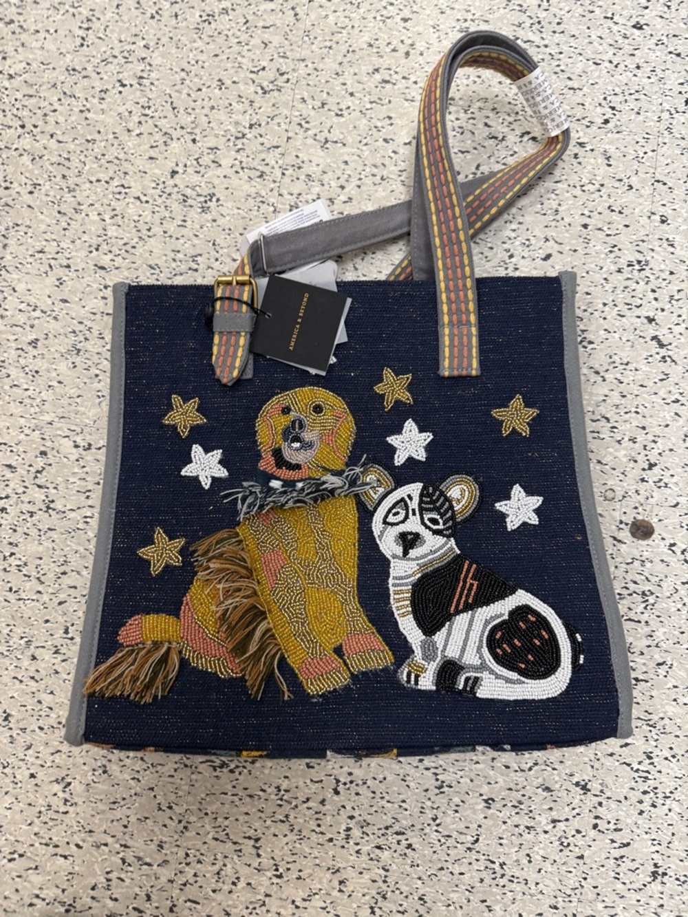 Navy Embroidered Dogs Shoulder Bag